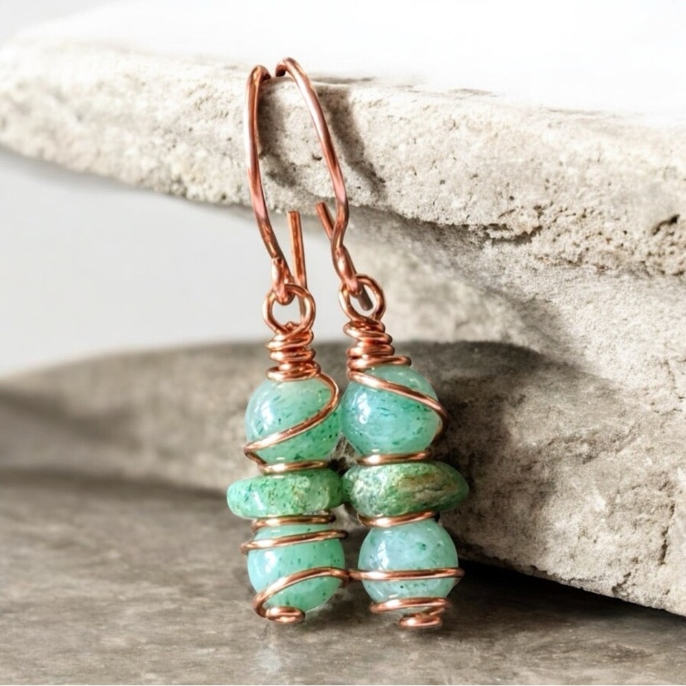 Handcrafted Green Aventurine Beaded Copper Wire Wrap Earrings